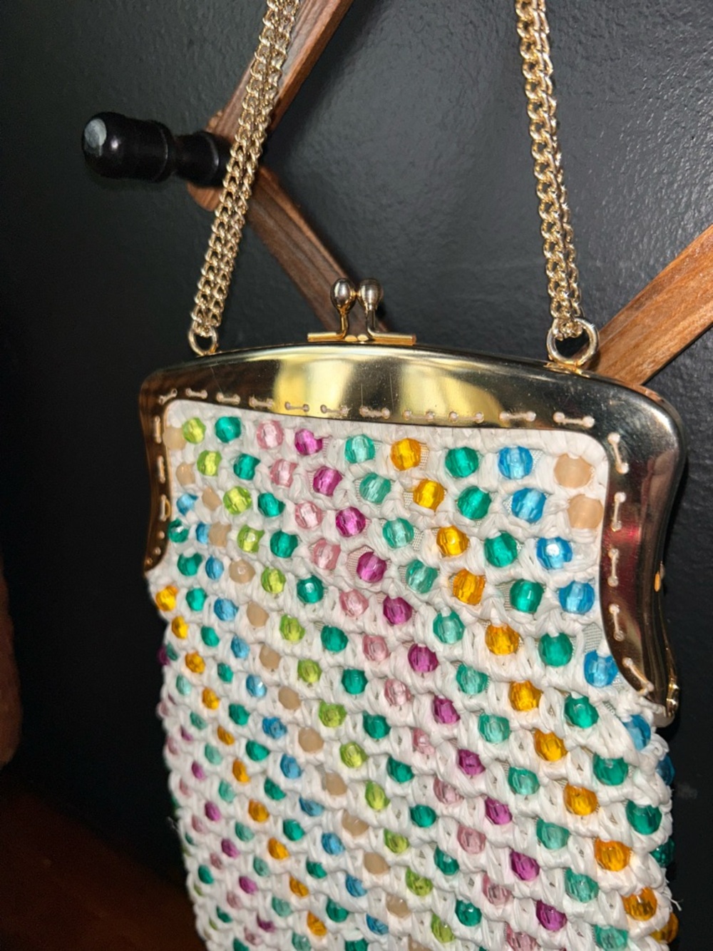 White Crochet Kisslock Mini Bag with Multicolor Bead Accents and Gold Chain - Picture 2 of 15